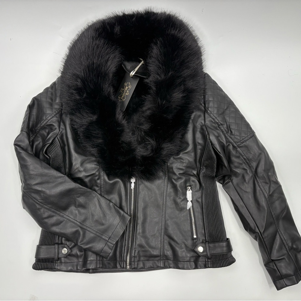 NWT Bellivera Faux Fur Black Leather Moto Biker Jacket size Large - Picture 2 of 9